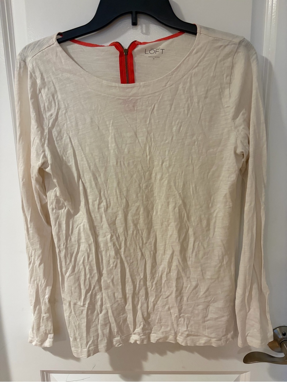 LOFT Ivory Top with Red Zipper Trim